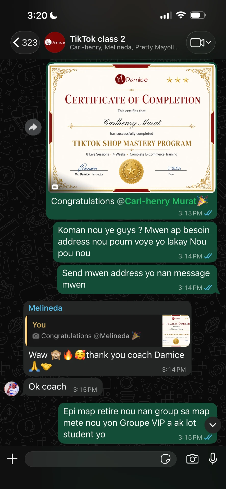 Prèv rezilta yon etidyan sou WhatsApp